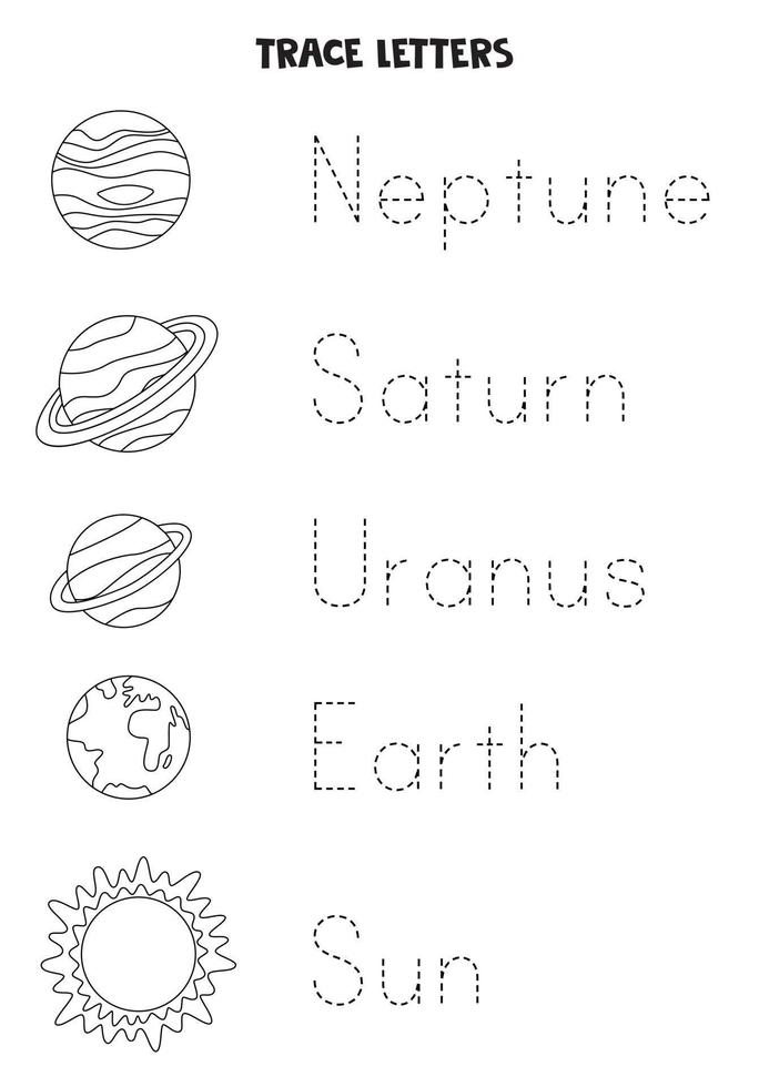 rastreando palabras de planetas del sistema solar. hoja de trabajo en blanco y negro. vector