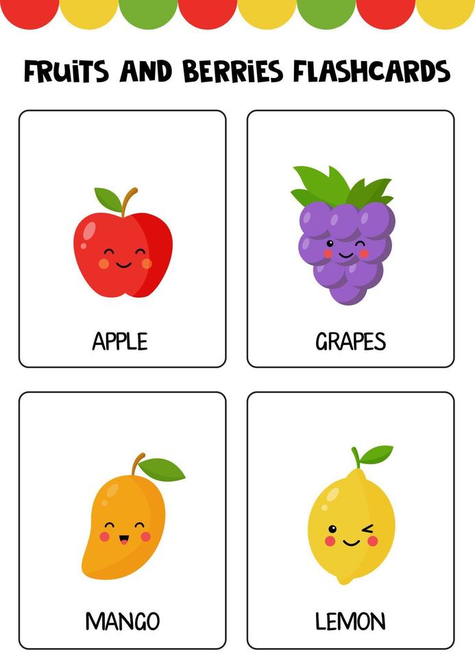 lindas frutas y bayas de dibujos animados con nombres. tarjetas para niños. vector