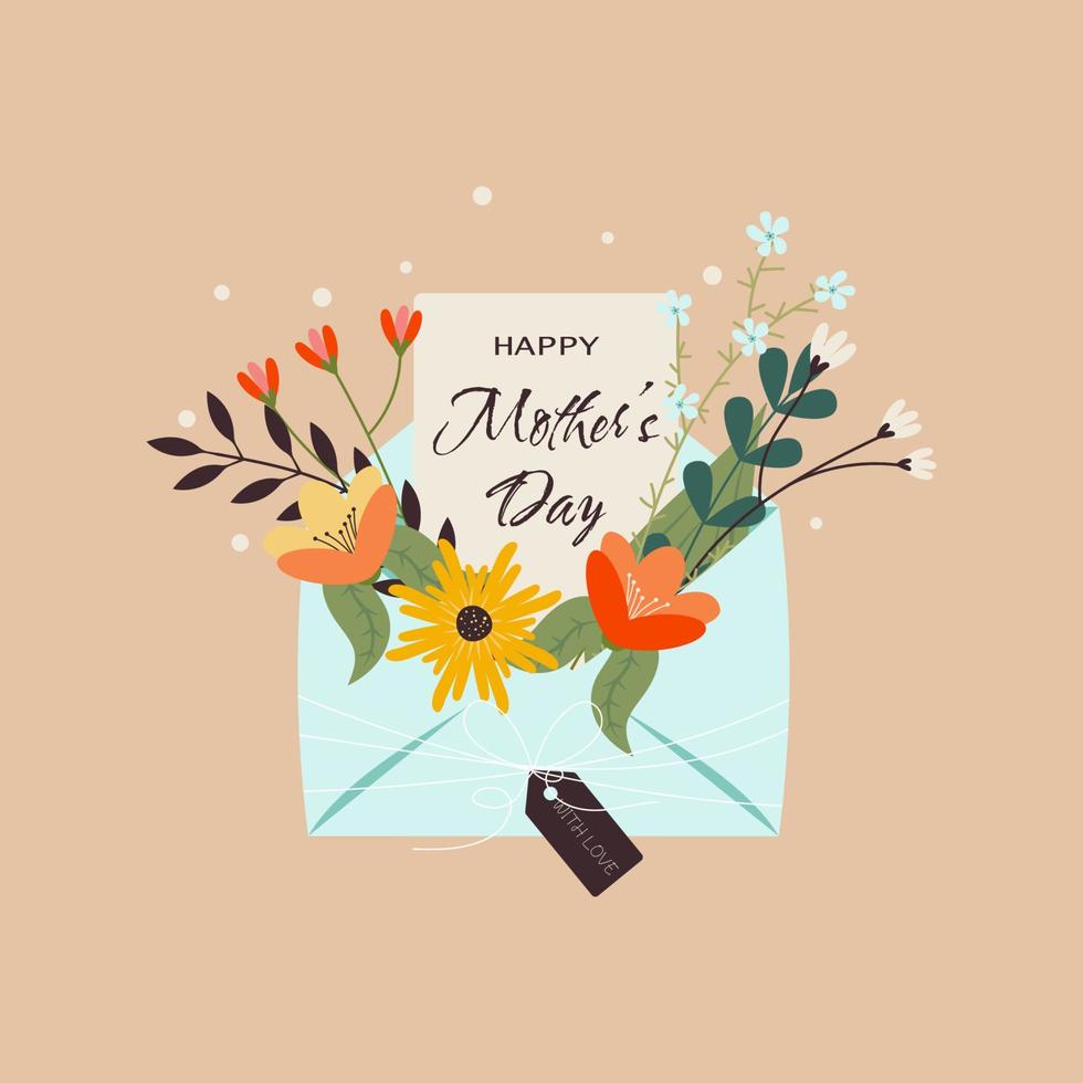 Happy Mother's Day. Layout design of envelope, spring flowers and greeting card. Background for Mother's Day, Women's day and wedding invitation. Vector illustration.