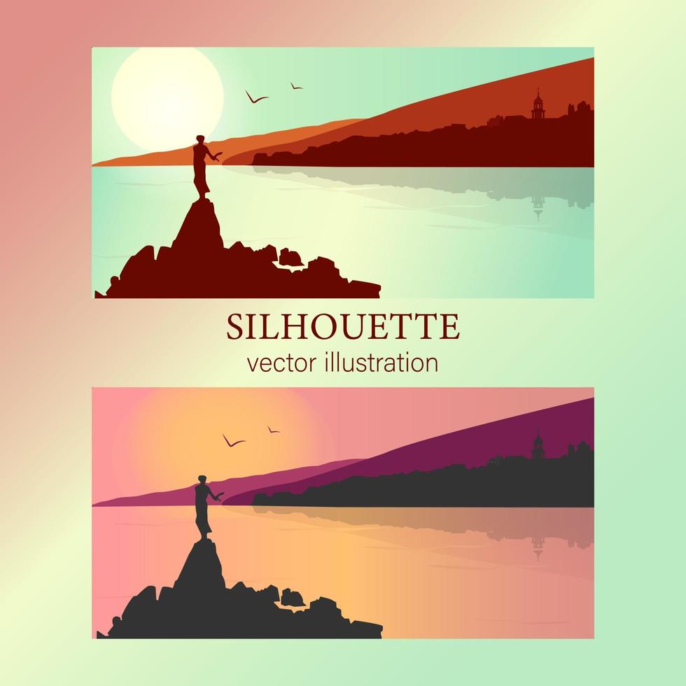 Flat panoramic landscape. Background silhouette of Croatia. Silhouette of mountains and sea on a colorful background. Vector illustration.