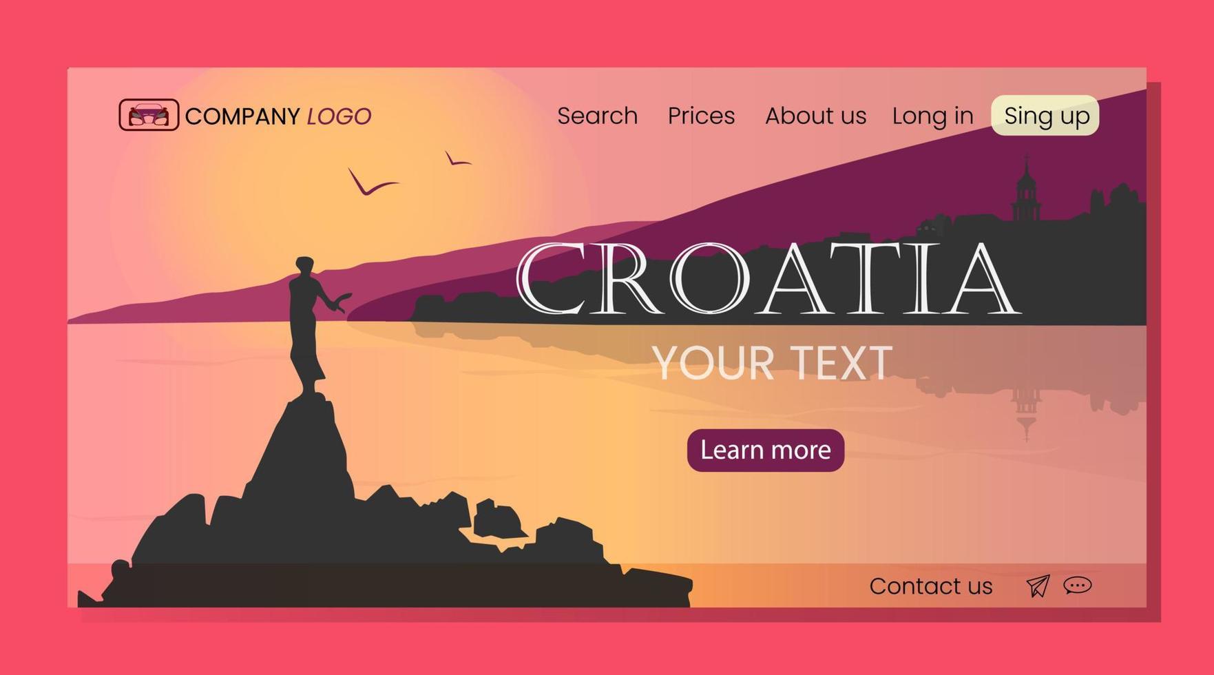Flat panoramic landscape.  Landing page or banner template. Background silhouette of Croatia. Vector illustration.