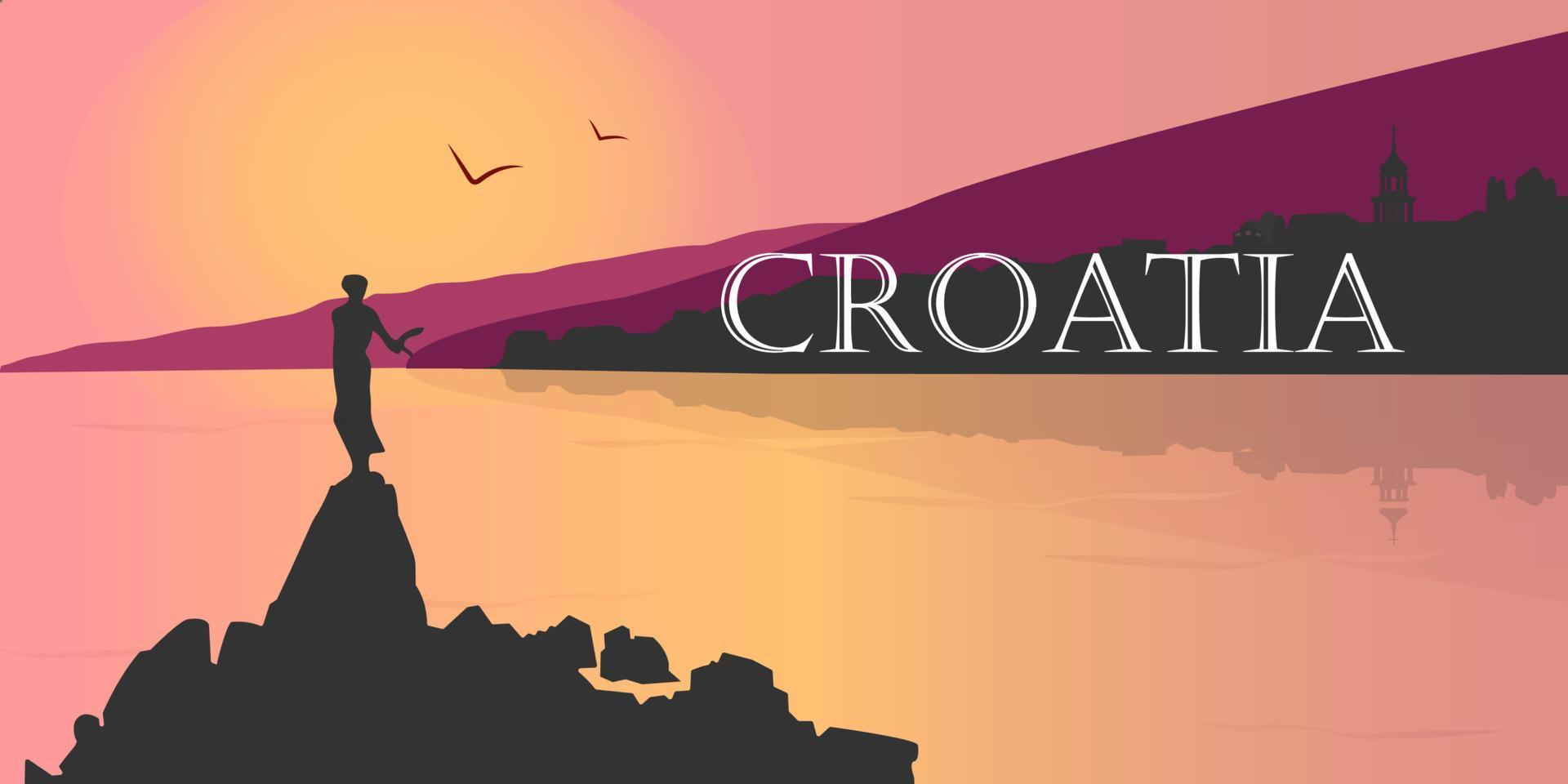 Flat panoramic landscape. Background silhouette of Croatia. Silhouette of mountains and sea on a colorful background. Vector illustration.