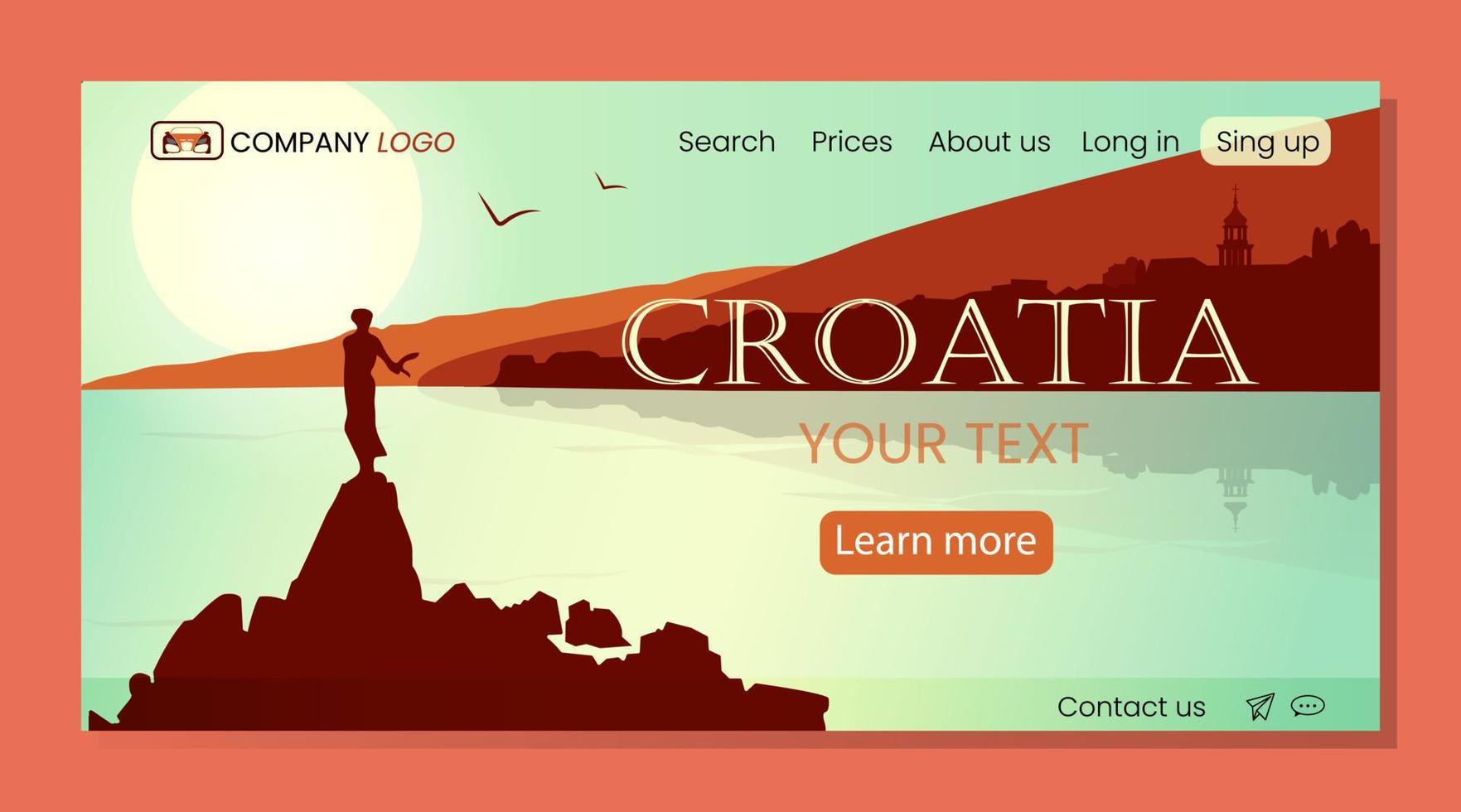 Flat panoramic landscape.  Landing page or banner template. Background silhouette of Croatia. Vector illustration.