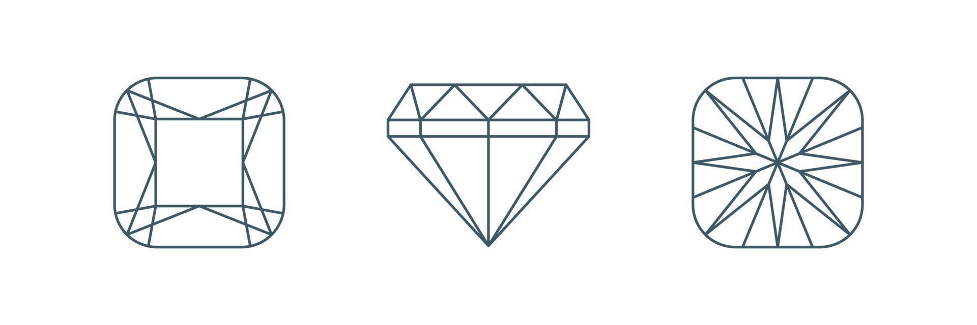 Cushion brilliant cut Line icon set. Back side and Front view. Diamond geometric scheme. Vector