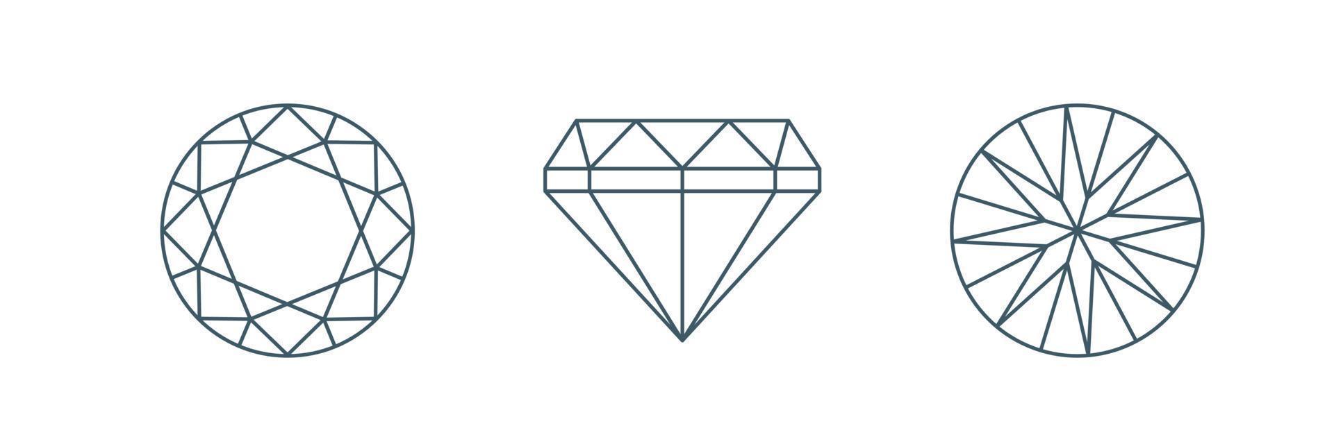conjunto de iconos de línea de corte brillante redondo. trazos editables de vista lateral y frontal. esquema geométrico de diamante. vector