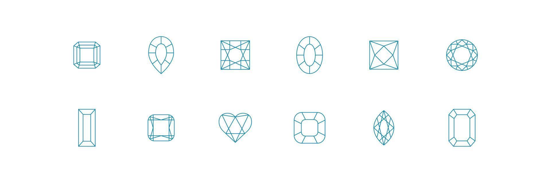 Diamond crystal shapes. Jewelry line icon set. Vector illustration