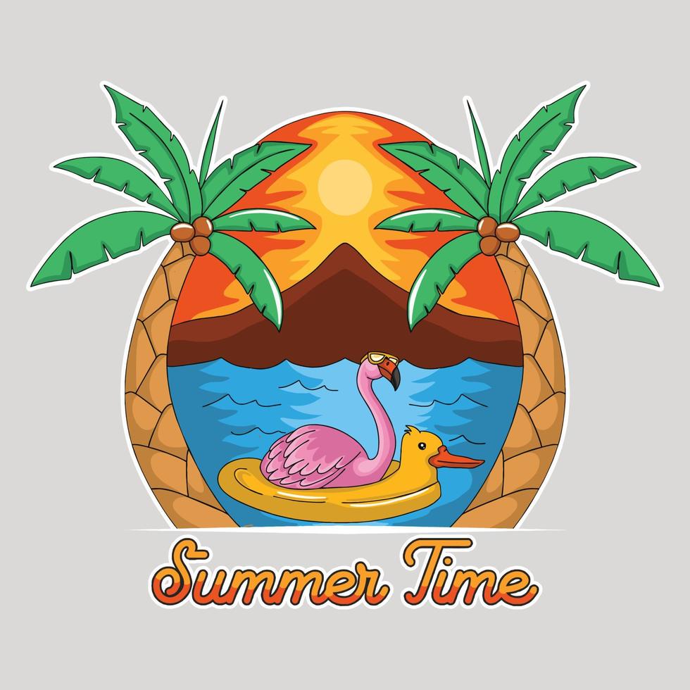 Cool flamingo is relaxing and enjoying the sunset with cute duck float vector