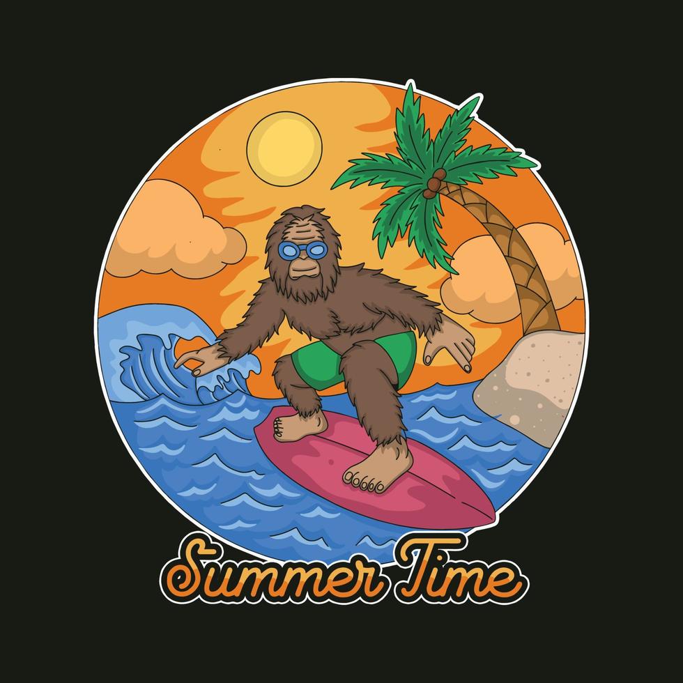 A cool ape is surfing on the beach with a sunset view vector