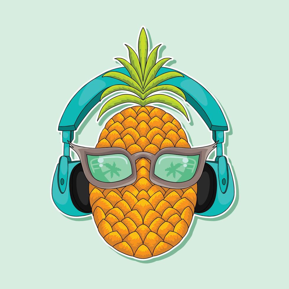 Cool pineapple characters are enjoying the strains of the song vector