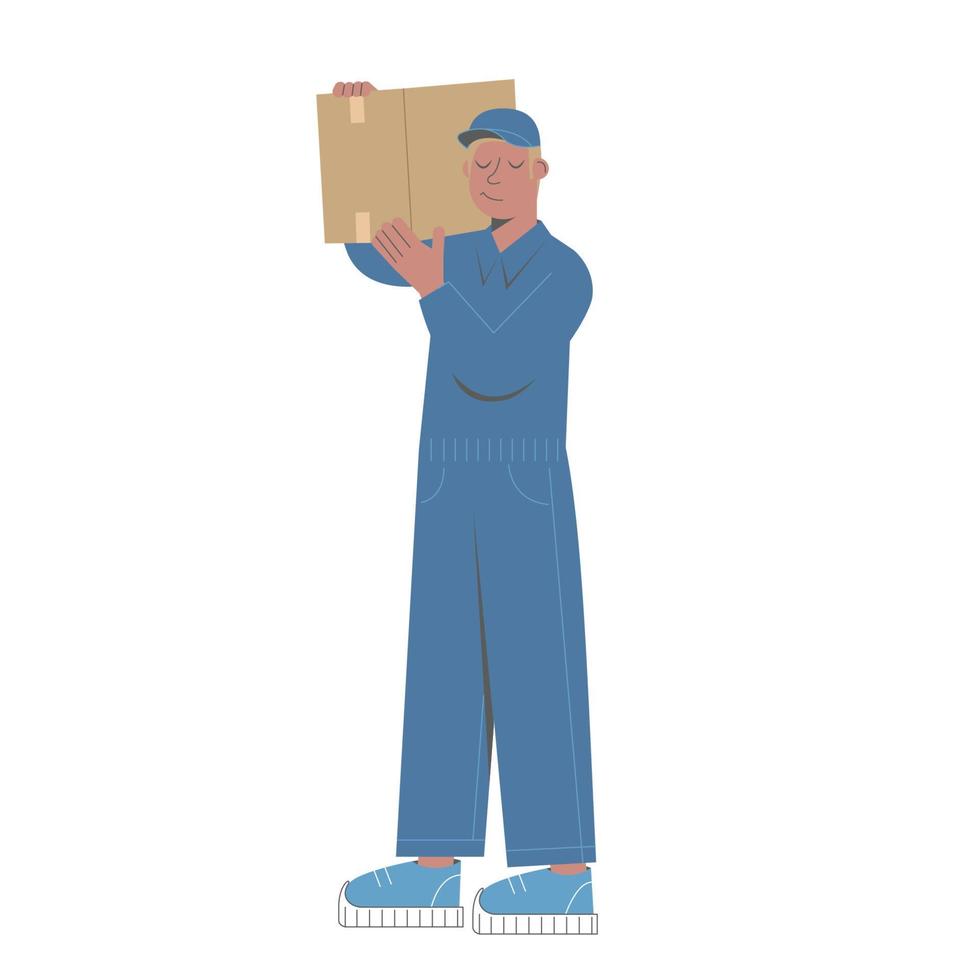 Flat modern design of delivery man courier, man with package box vector