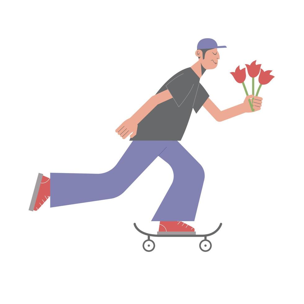 diseño plano moderno de personaje masculino con flores montando una patineta vector