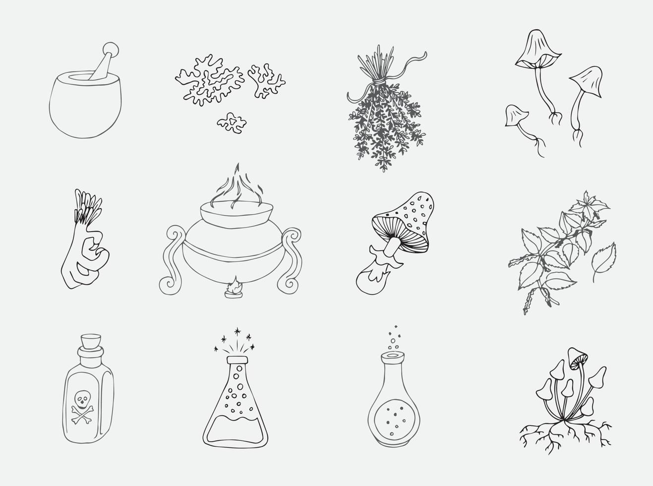 Esoteric magic witchcraft attributes doodle set. Colorless design vector