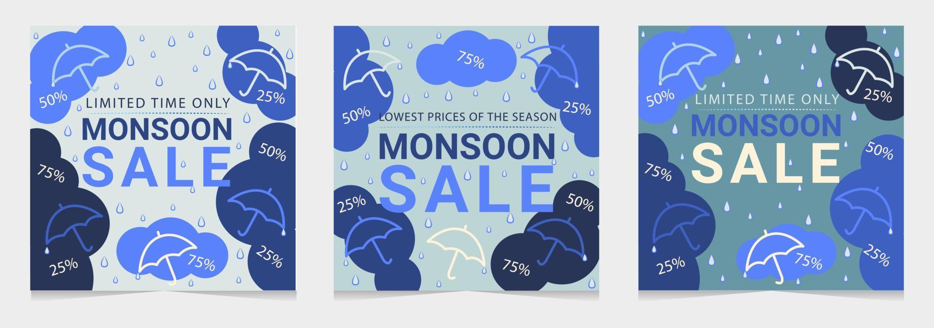 Monsoon sale offer banner template header with clouds, rainbow and umbrella on gradient background vector