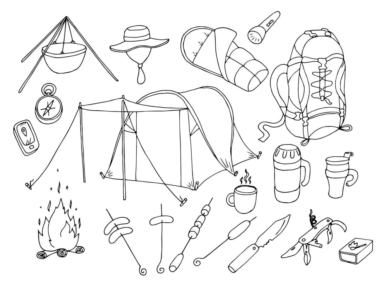 Hike and camping tourism hand drawn set vector