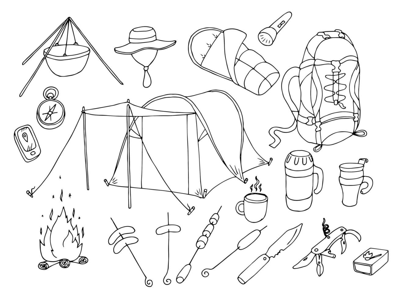 Hike and camping tourism hand drawn set vector