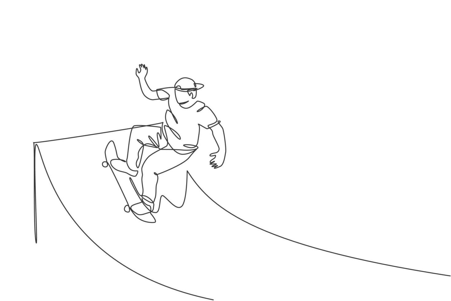 One single line drawing of young skateboarder man exercise riding skateboard at ramp board vector illustration. Teen lifestyle and extreme outdoor sport concept. Modern continuous line draw design