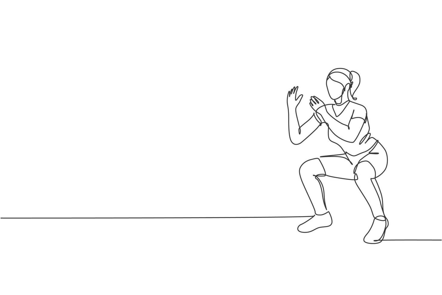 Single continuous line drawing of young happy woman exercising doing