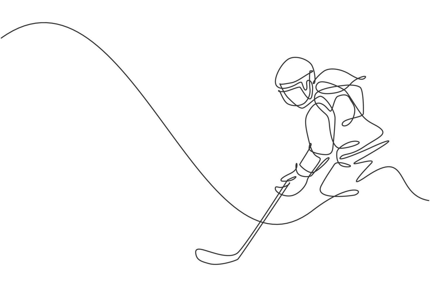 One continuous line drawing of young professional ice hockey player exercising and practicing on ice rink stadium. Healthy extreme sport concept. Dynamic single line draw design vector illustration