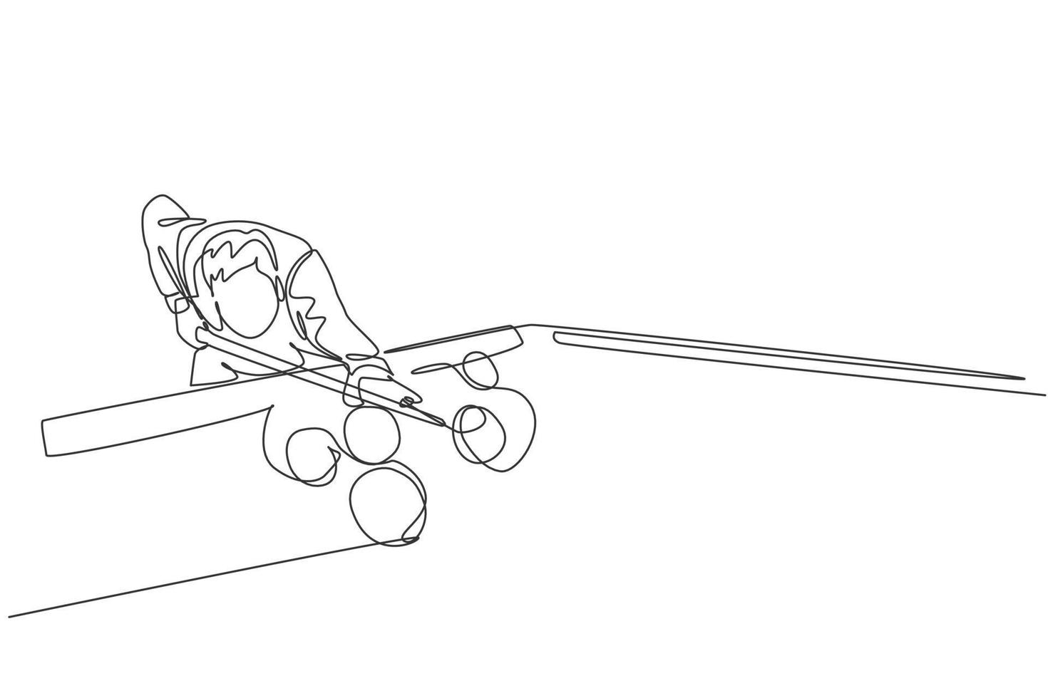 One continuous line drawing of young handsome man focus aiming before hit the pool billiard balls with stick. Tournament indoor sport game concept. Dynamic single line draw design vector illustration