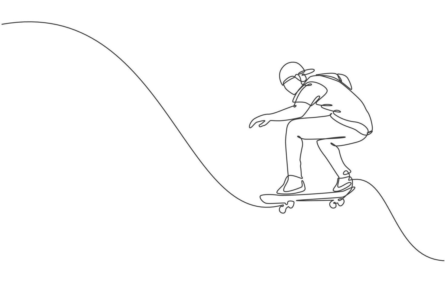 One continuous line drawing of young cool skateboarder man riding skateboard and doing a jump trick in skatepark. Extreme teenager sport concept. Dynamic single line draw design vector illustration
