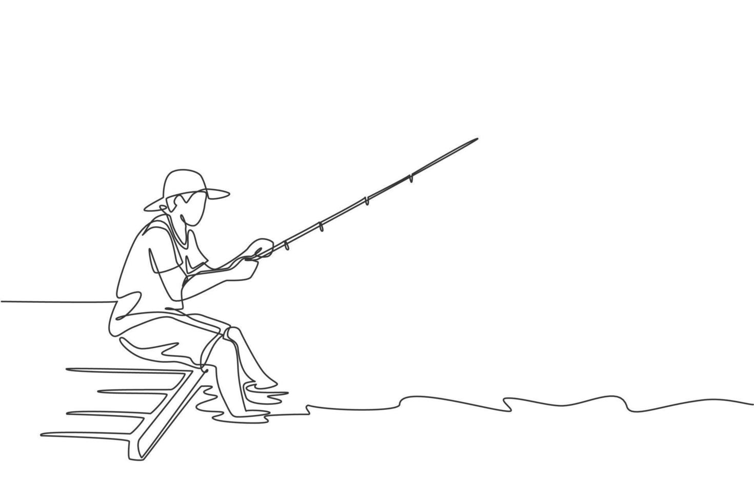 una sola línea de dibujo joven pescador feliz sentado en un muelle de madera y pescando pacíficamente ilustración gráfica vectorial. viajes de vacaciones por concepto de afición a la pesca. diseño moderno de dibujo de línea continua vector