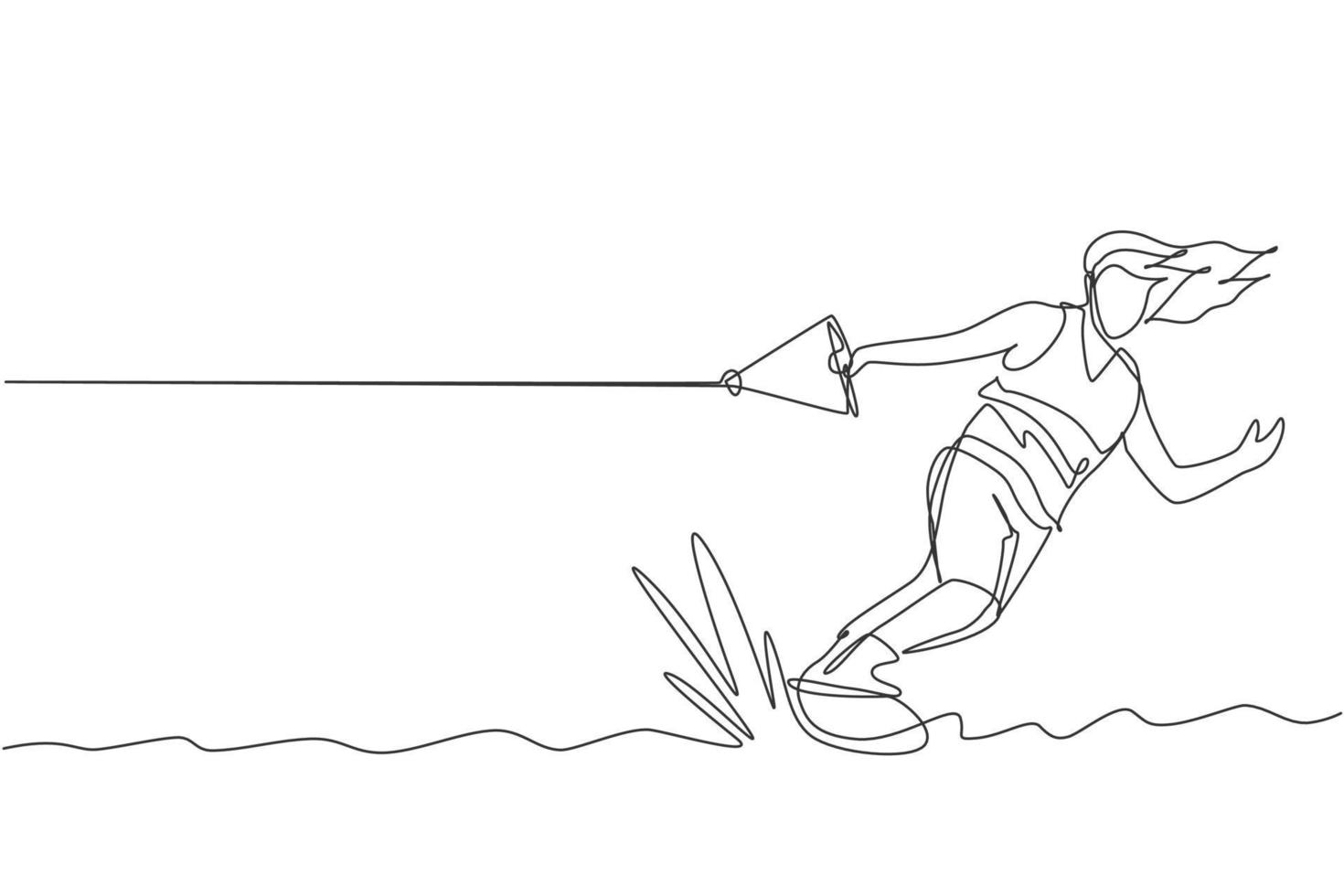 One single line drawing of young sporty man play wakeboarding in the sea beach vector illustration. Healthy lifestyle and extreme sport concept. Summer vacation. Modern continuous line draw design