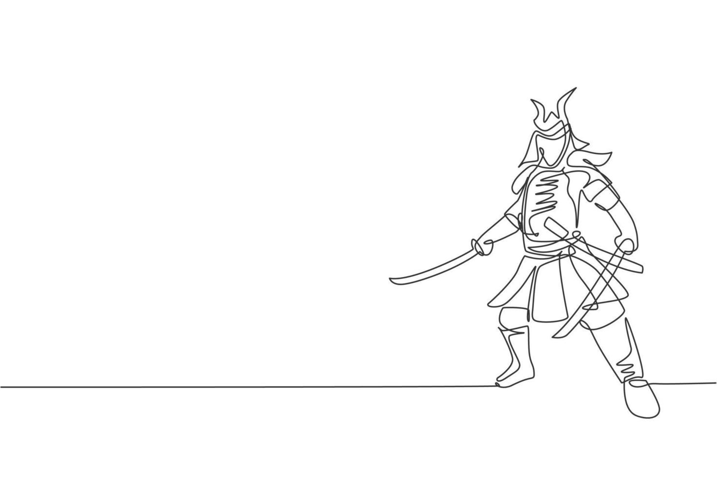 Single continuous line drawing of young strong samurai shogun wearing