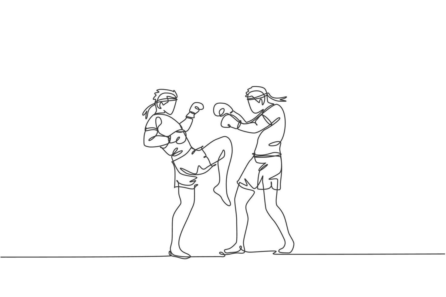 Single continuous line drawing of two young sportive men training thai boxing at gym club center. Combative muay thai sport concept. Competition event. Trendy one line draw design vector illustration