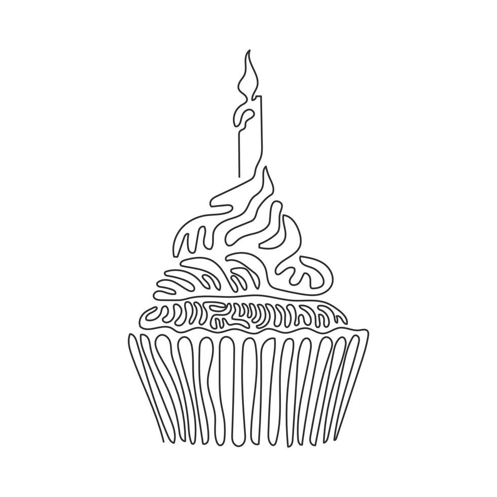 Continuous one line drawing yummy cupcake with candle. Sweet tasty cake. Delicious dessert for dinner. Snack in birthday party. Swirl curl style. Single line draw design vector graphic illustration