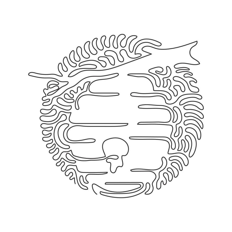 Single one line drawing honey hive hanging on branch of tree with honey drop. House of bee. Source of honey. Swirl curl circle background style. Continuous line draw design graphic vector illustration
