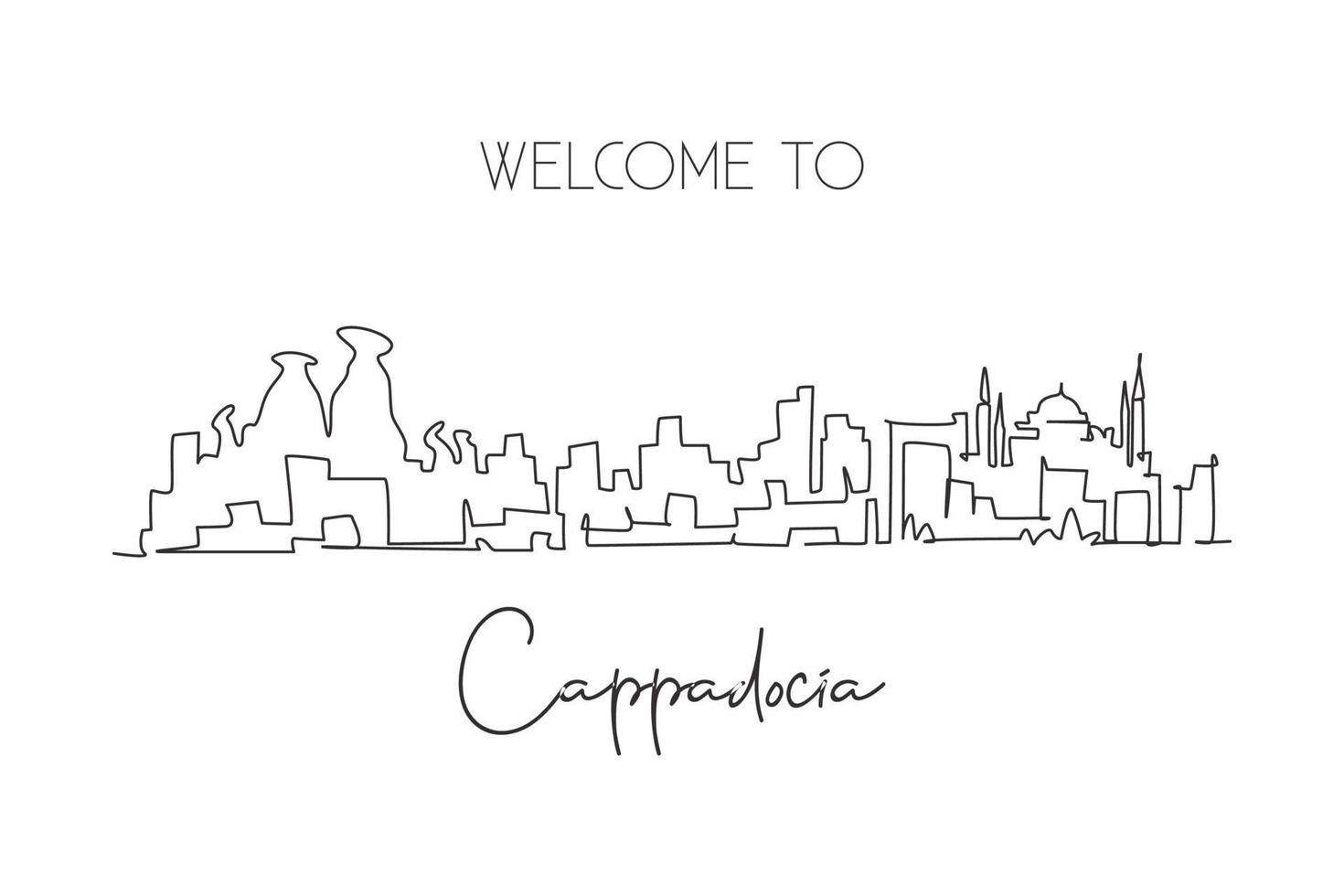 Single one line drawing Cappadocia city skyline, Turkey. World historical town landscape. Best holiday destination postcard art. Editable stroke trendy continuous line draw design vector illustration