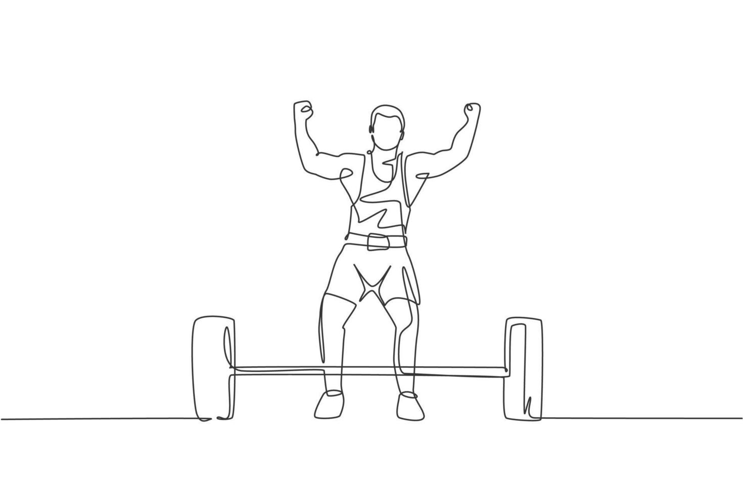 One continuous line drawing of young bodybuilder man doing exercise with a heavy weight bar in gym. Powerlifter train weightlifting concept. Dynamic single line draw design graphic vector illustration