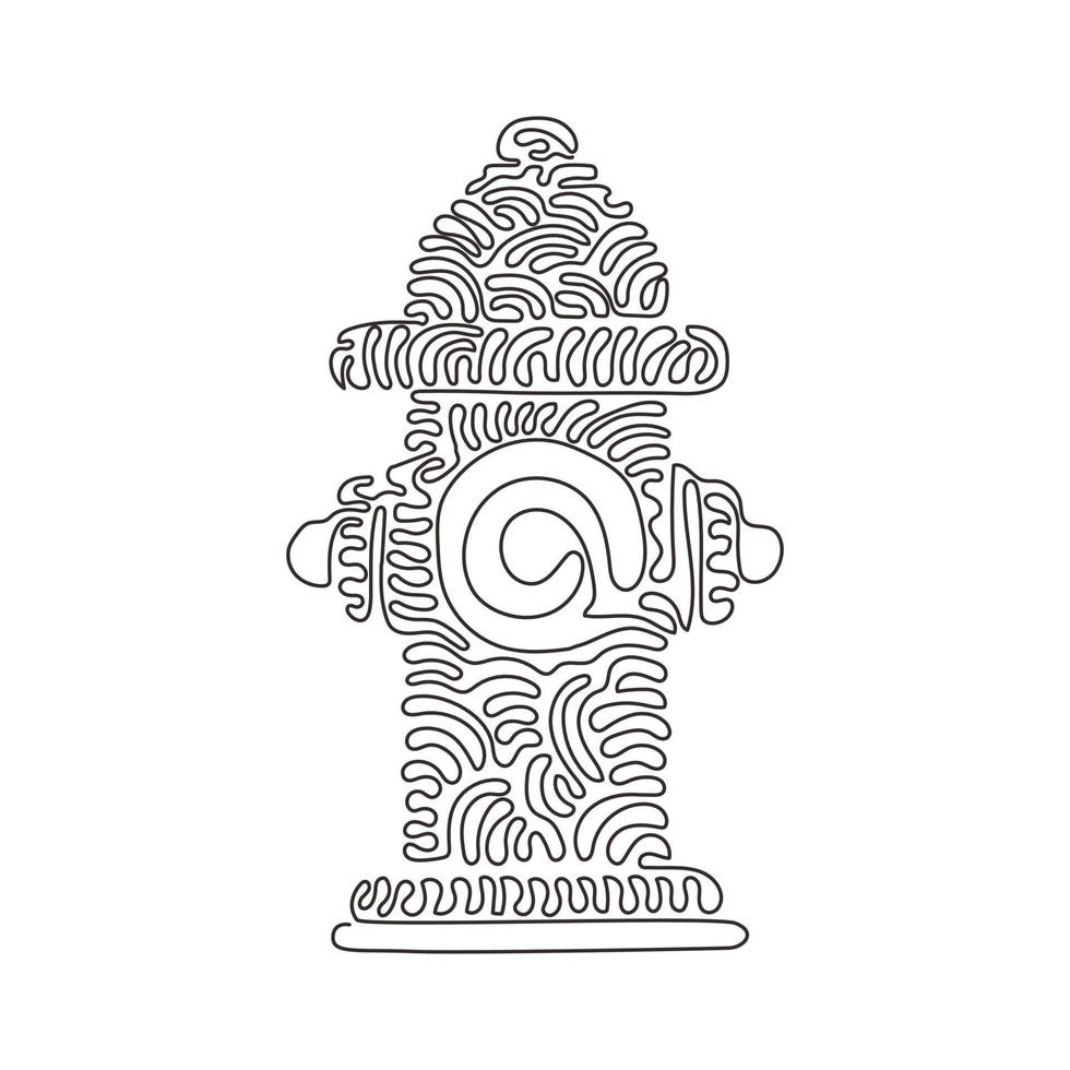 Single continuous line drawing closeup of traditional red fire hydrant. Tool used by firefighters for extinguishing flames. Swirl curl style. Dynamic one line draw graphic design vector illustration