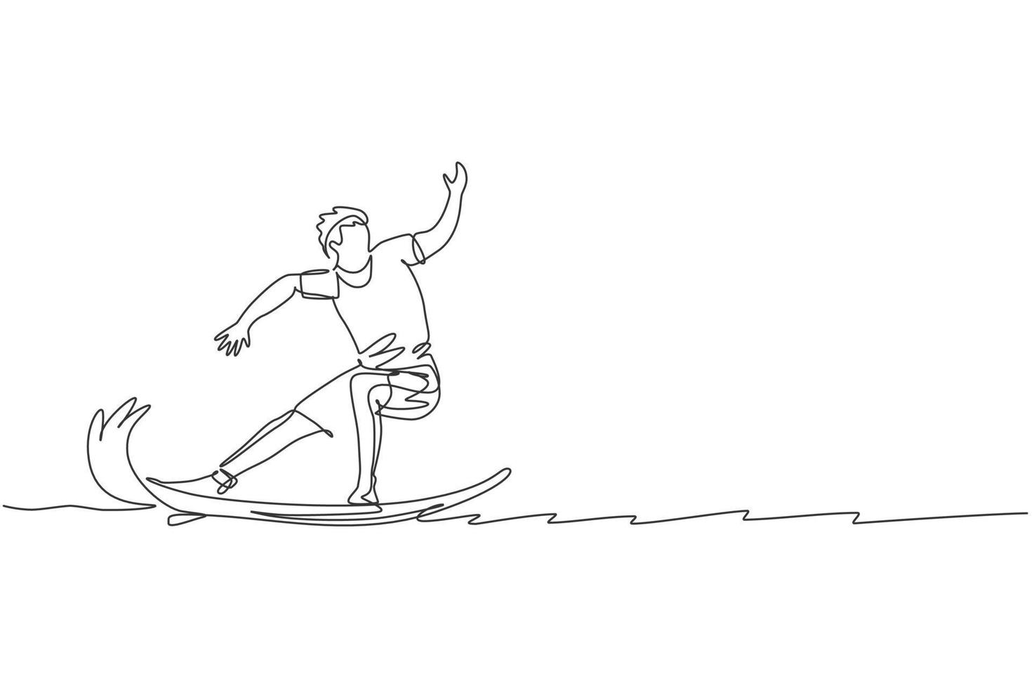 Single continuous line drawing young professional surfer in action riding the waves on blue ocean. Extreme watersport concept. Summer vacation. Trendy one line draw design vector graphic illustration