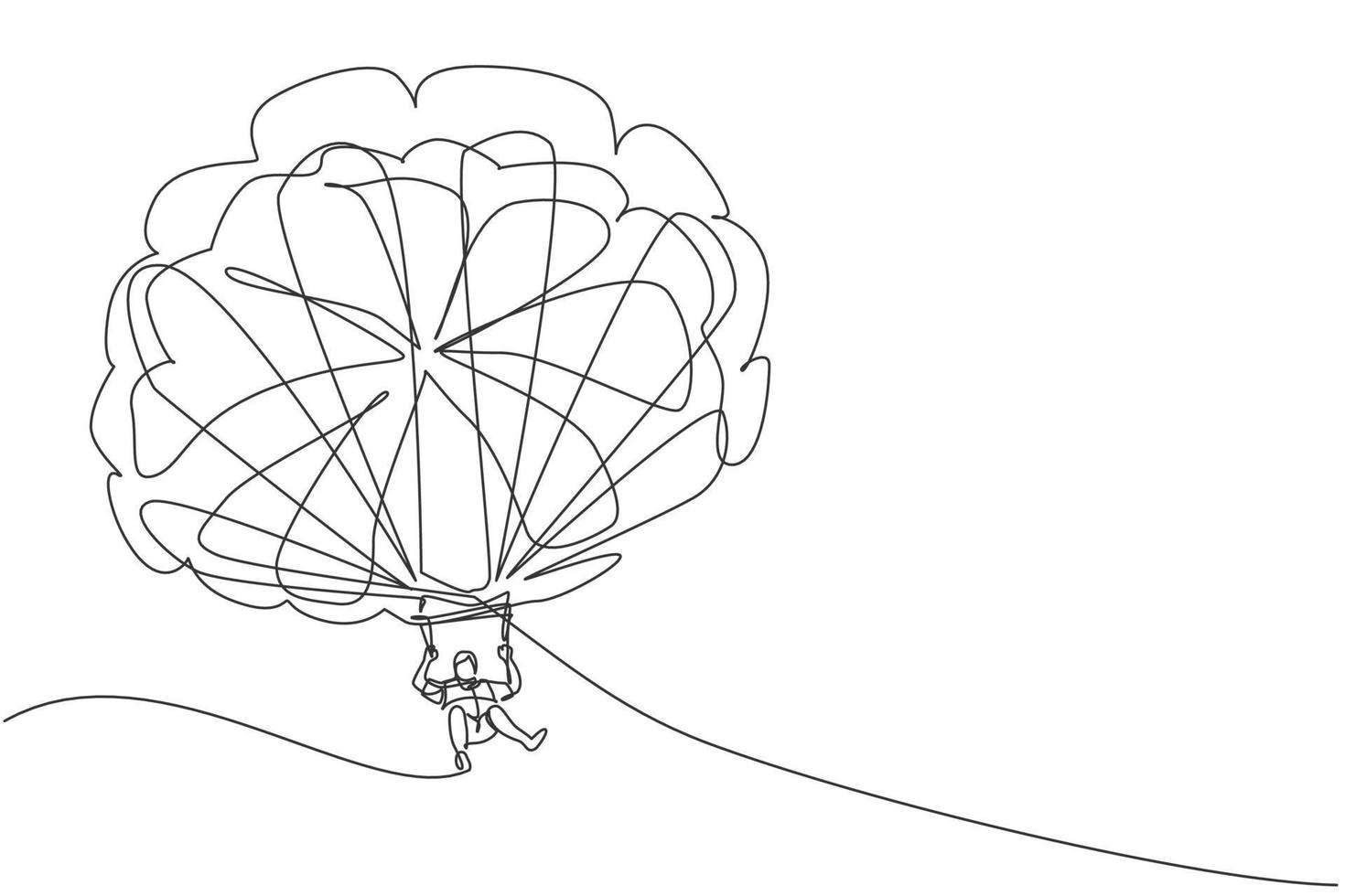 Single continuous line drawing of young tourist man flying with parasailing parachute on sky pulled by a boat. Extreme vacation holiday sport concept. Trendy one line draw design vector illustration