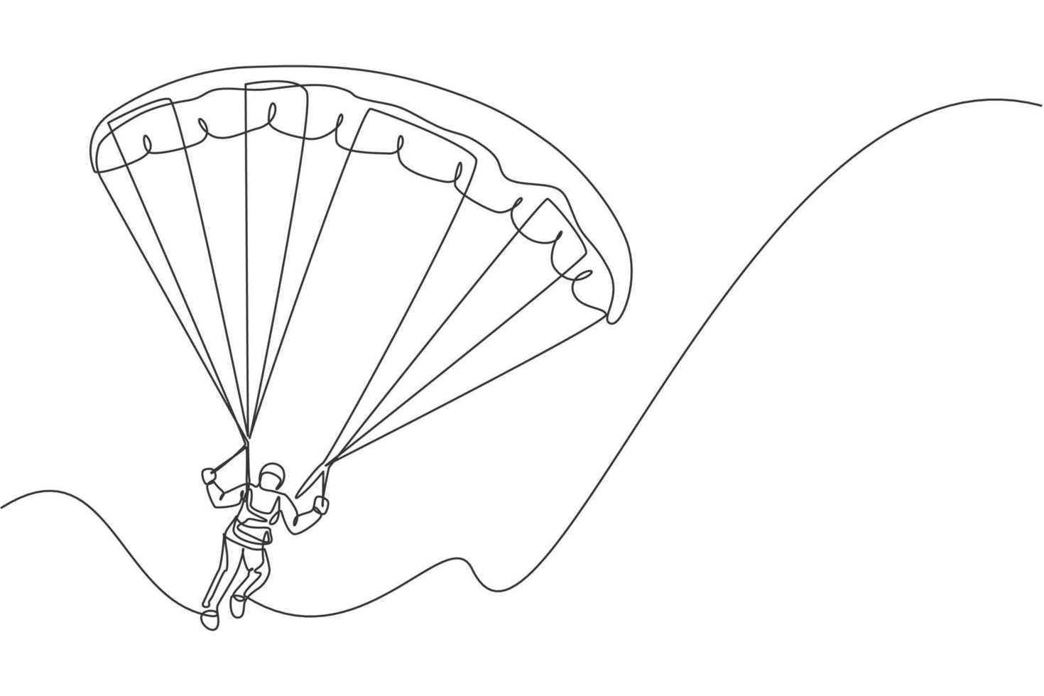 One continuous line drawing of young bravery man flying in the sky using paragliding parachute. Outdoor dangerous extreme sport concept. Dynamic single line draw design vector graphic illustration