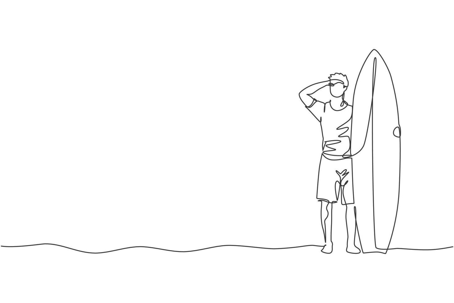 una línea continua dibujando a un joven surfista turista feliz sosteniendo una tabla de surf en la playa de arena. concepto de deporte acuático extremo saludable. vacaciones de verano. Ilustración de vector de diseño gráfico de dibujo de línea única dinámica