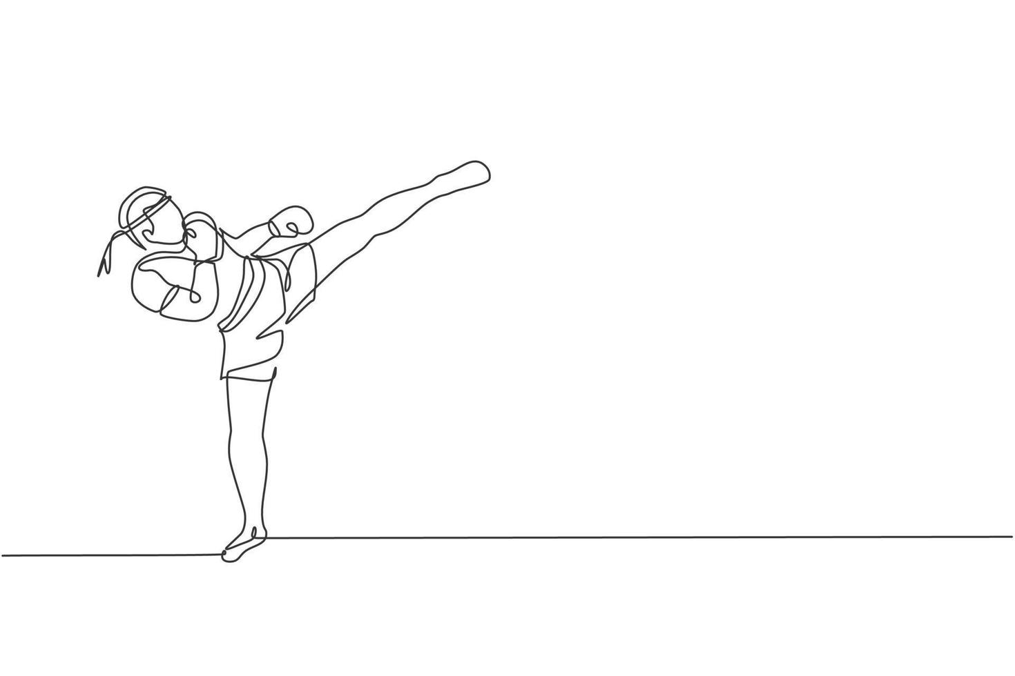 Single continuous line drawing young sportive man training thai boxing at gym club center. Combative muay thai sport concept. Competition event. Trendy one line draw graphic design vector illustration