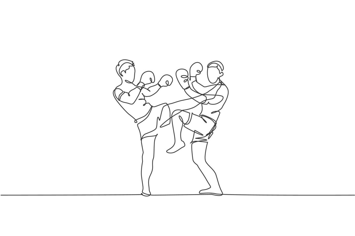 One single line drawing of two young energetic muay thai fighter men exercising at gym fitness center vector illustration. Combative thai boxing sport concept. Modern continuous line draw design