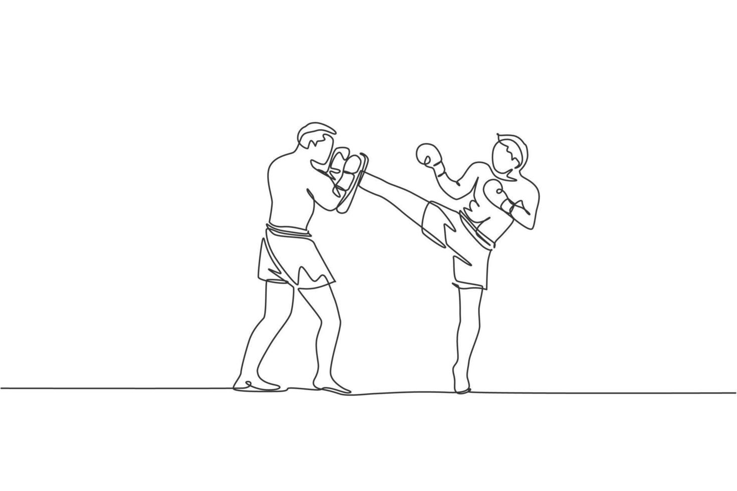 One single line drawing of young energetic man kickboxer practice with personal trainer in boxing arena graphic vector illustration. Healthy lifestyle sport concept. Modern continuous line draw design