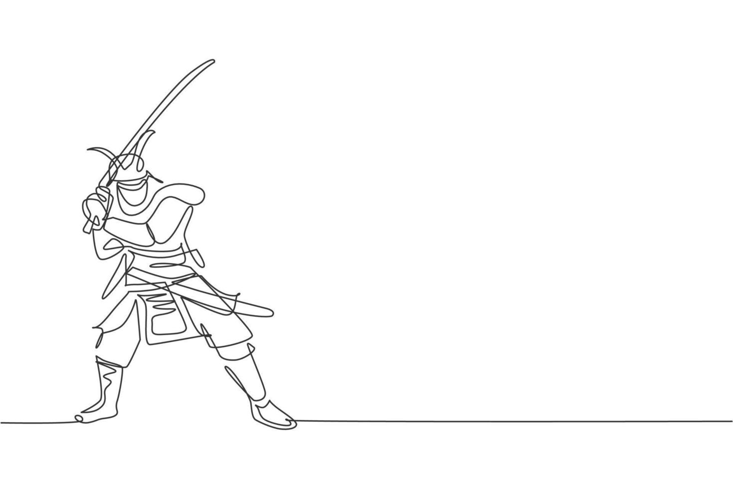 One continuous line drawing of young bravery samurai shogun wearing mask ready to attack at training session. Martial art combative sport concept. Dynamic single line draw design vector illustration