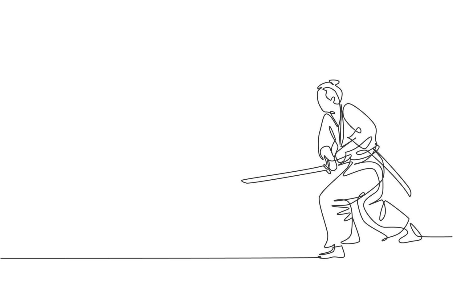 un dibujo de una sola línea de un joven guerrero samurái japonés sosteniendo una espada katana practicando en el centro del dojo ilustración vectorial gráfica. concepto de arte marcial combativo. diseño moderno de dibujo de línea continua vector