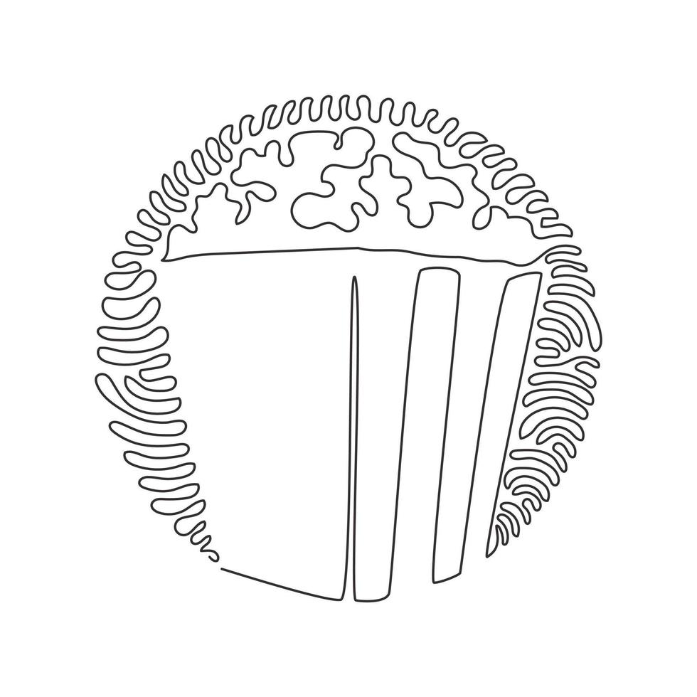 Single continuous line drawing box container with delicious popcorn. Takeaway fast food. Junk food menu. Swirl curl circle background style. Dynamic one line draw graphic design vector illustration