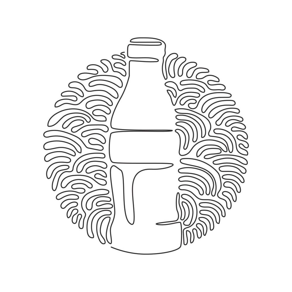 refresco de dibujo de una sola línea en botella de vidrio. refresco frío para una sensación refrescante. bebida para saciar la sed. estilo de fondo de círculo de rizo de remolino. ilustración de vector gráfico de diseño de línea continua