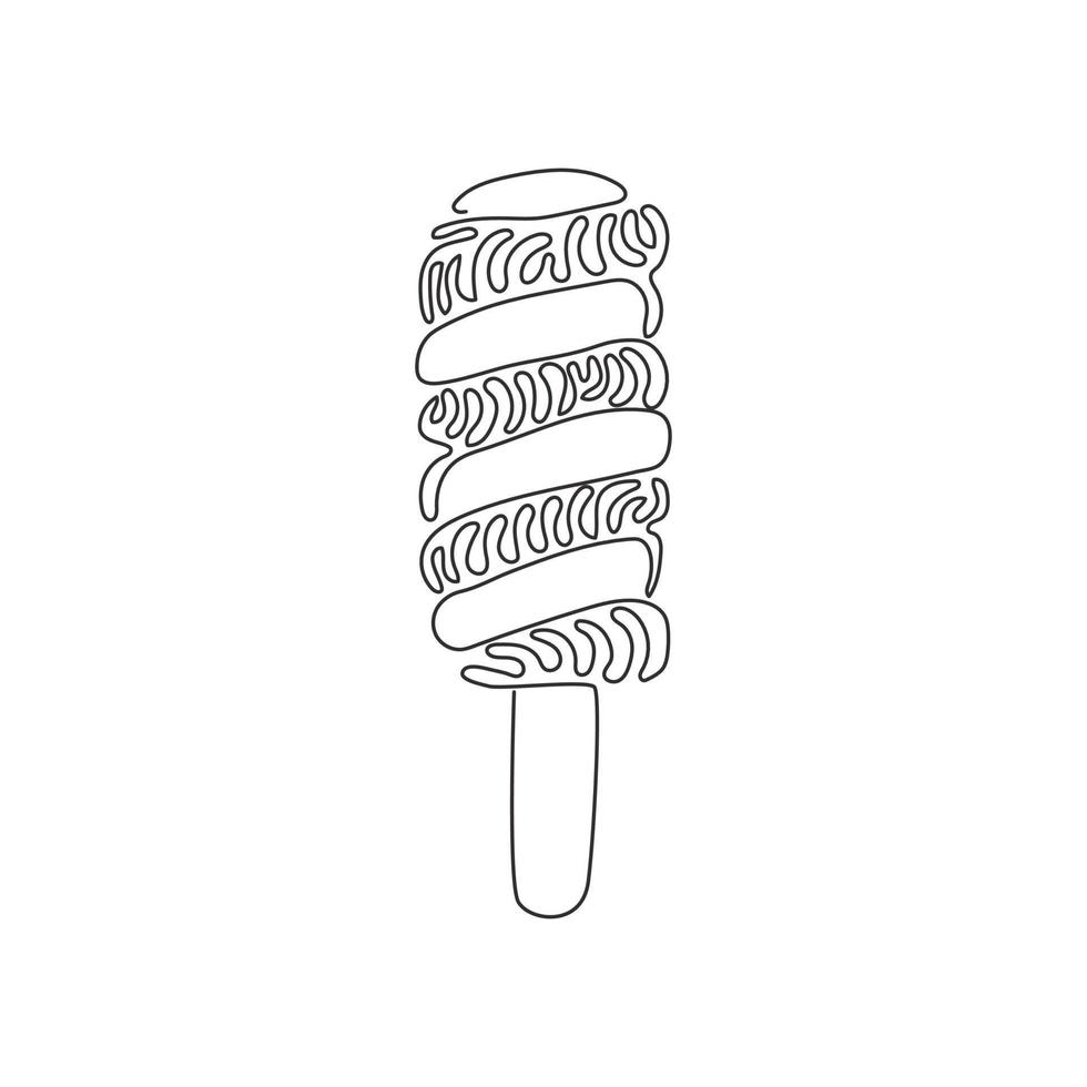 Single one line drawing tasty popsicle twisted ice cream. Stick lolly ice-cream. Delicious cold summer desserts. Swirl curl style. Modern continuous line draw design graphic vector illustration