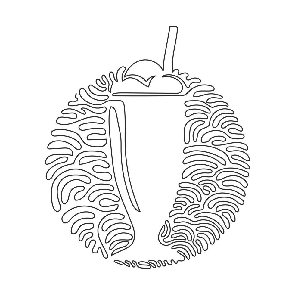 Single continuous line drawing delicious milkshakes in glasses with straws. Sweet cold tasty beverages. Swirl curl circle background style. Dynamic one line draw graphic design vector illustration