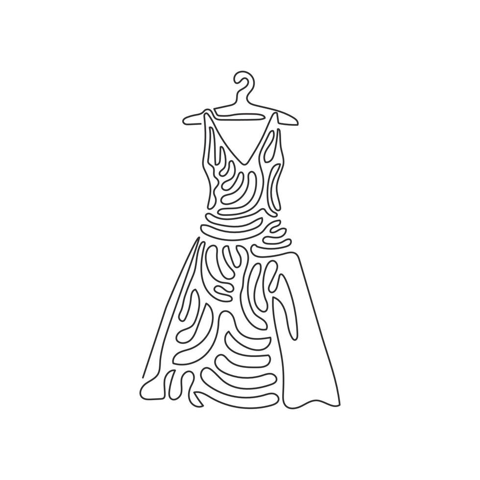Single continuous line drawing elegant dresses on hanger. Modern, stylish dress. Clothing store icon. Fashion boutique. Swirl curl style. Dynamic one line draw graphic design vector illustration