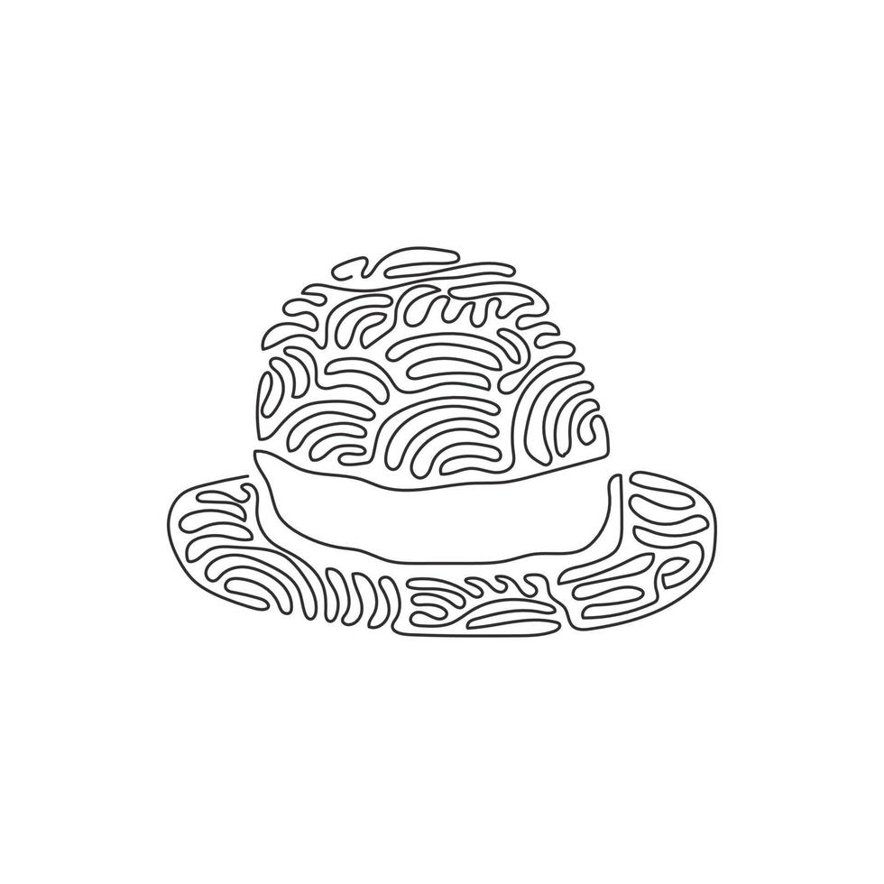 Single one line drawing fedora hat, side view, with tan leather band, indented crown and brims snapped up. Men head accessory. Swirl curl style. Continuous line draw design graphic vector illustration