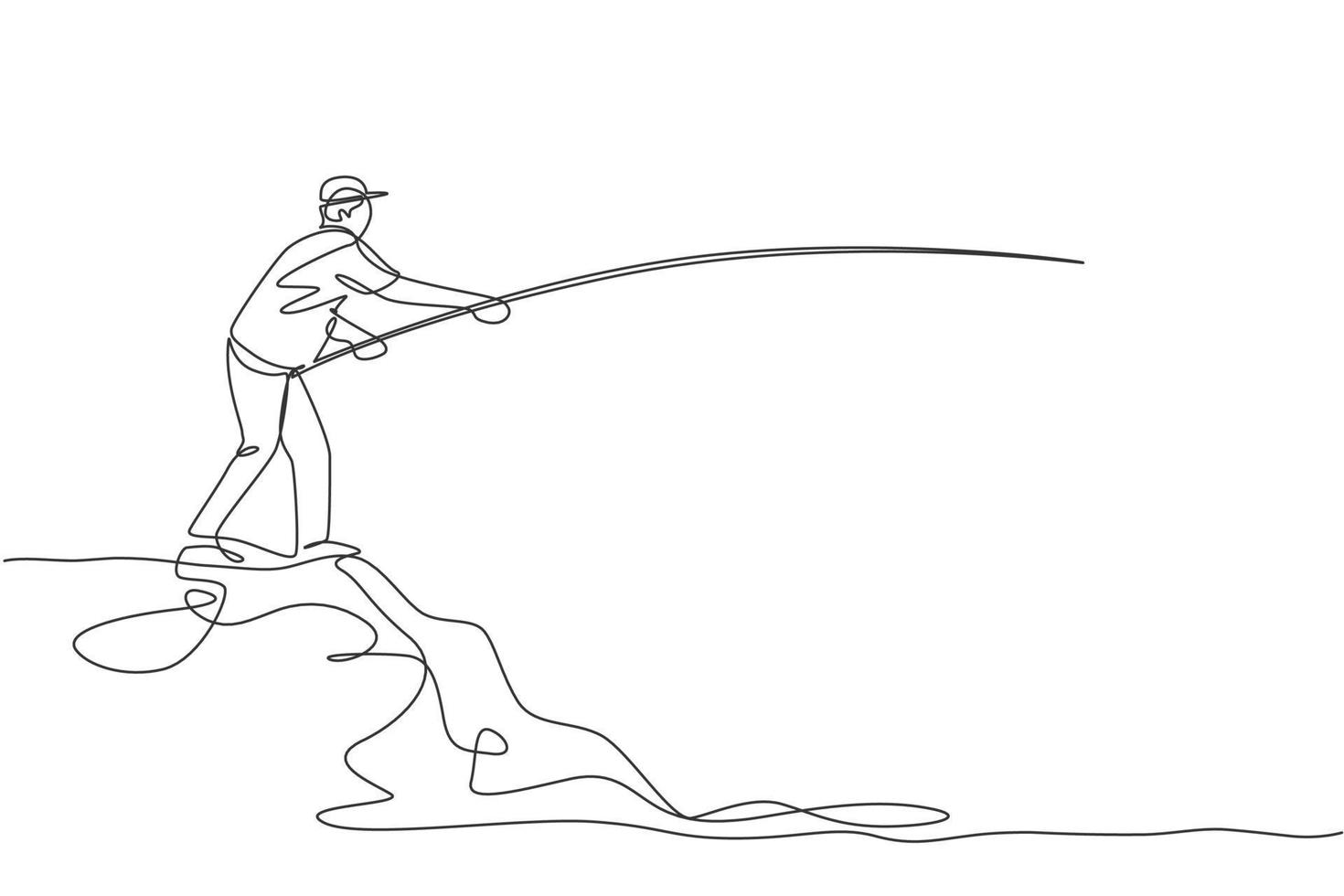 One continuous line drawing of young fisherman happy standing and fishing on a side lake land hill. Fishing leisure hobby vacation concept. Dynamic single line draw design graphic vector illustration