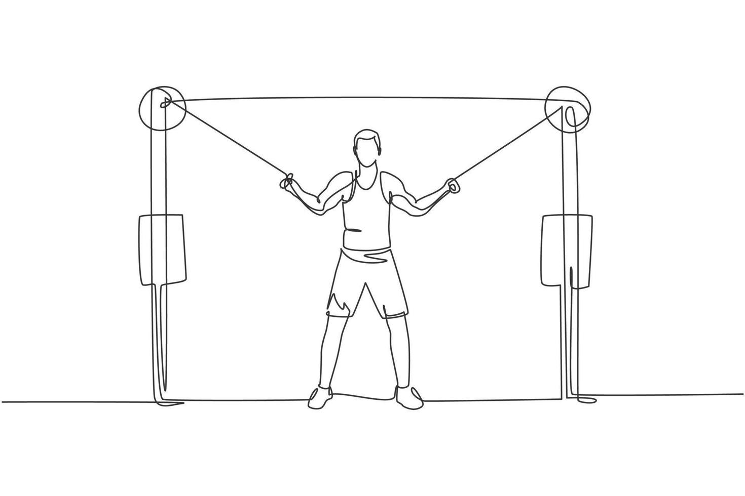 One single line drawing of young energetic man exercise with cross over cable in gym fitness center vector illustration graphic. Healthy lifestyle sport concept. Modern continuous line draw design